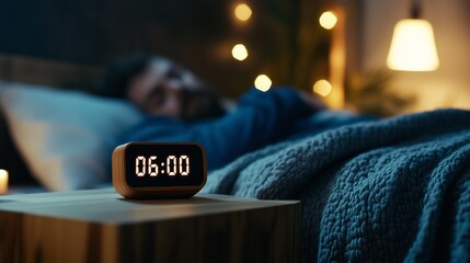 Digital alarm clock displaying 6 am, resting on wooden nightstand near sleeping person, soft bedroom lighting creating warm, intimate morning atmosphere