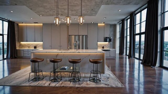 A stunning 3D rendering of a modern duplex apartment with an open-concept living space seamlessly blending into a sleek, high-end kitchen.