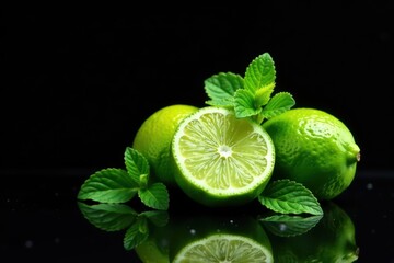 Limes & mint on black, glistening with water High contrast , image, visual, refreshing