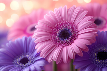 Elegant floral arrangement with pink and purple flowers in a stylish composition, perfect for wedding invitations and interior decor