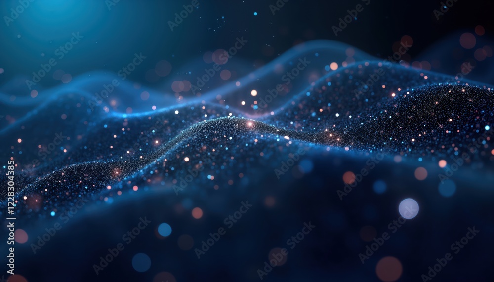 Poster abstract dark blue digital background shows glowing particles, lines. wavelike structure with dots. 