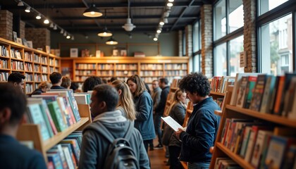 Diverse people browse books in busy bookstore. Indoor setting with high shelves of books. Shoppers read, look through books. Cultural gathering place. Casual attire. Lively atmosphere. Retail space.