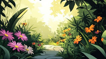 Lush pathway through a vibrant garden filled with colorful flowers and greenery