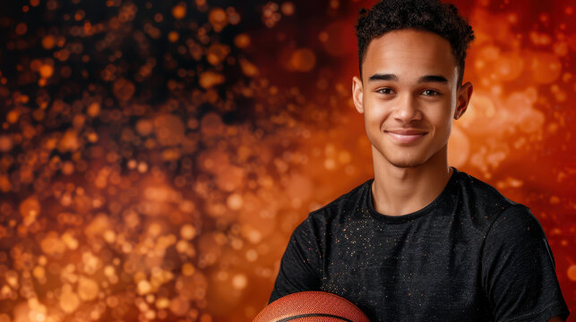 A young male basketball player poses confidently with a ball, set against a vibrant red and orange backdrop.