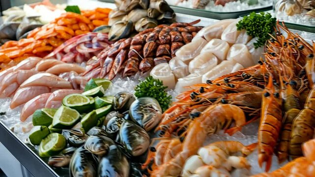 Vibrant fresh seafood display with shrimp, oysters, and lemon wedges on ice