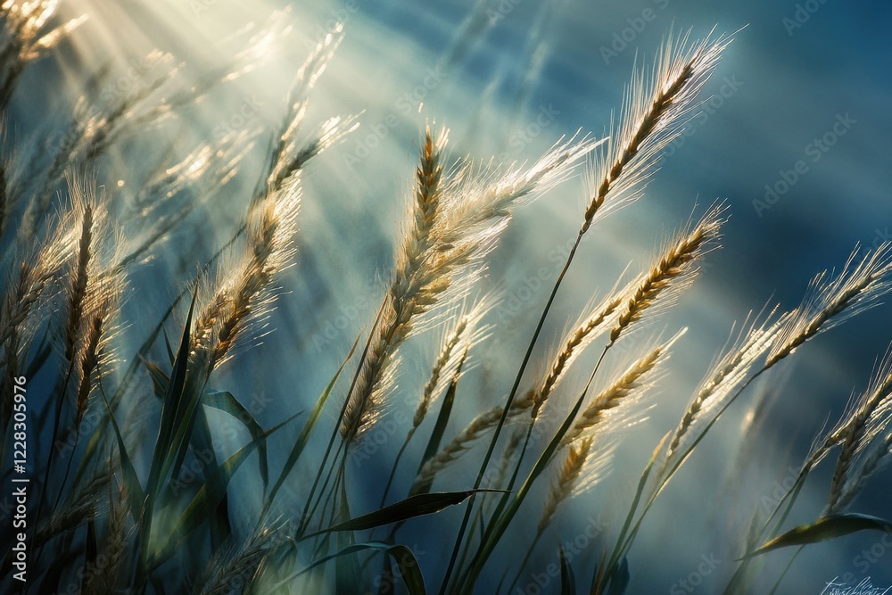Aufkleber golden rays illuminate wheat fields at sunset creating a serene natural landscape. generative ai