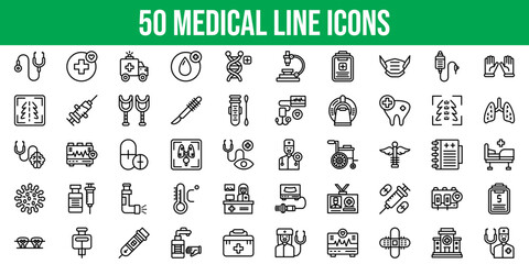 Set of 50 Outline Icons Related to Medical. Line Icon Collection. Editable stroke. Vector illustration © pexleodesigns