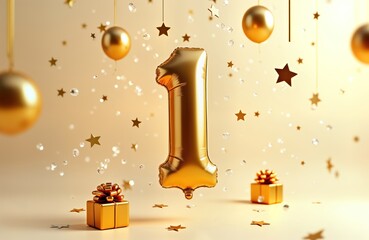 Golden number one balloon floats amidst gold confetti, stars. Gift boxes, golden balls add to celebratory atmosphere. Beige background with bokeh lights creates festive scene. Creative design for