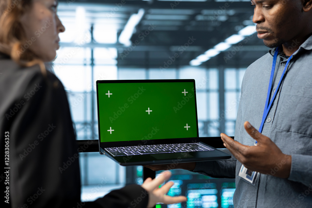 Poster teamworking coworkers in data center using automation tools on green screen mockup laptop. engineers