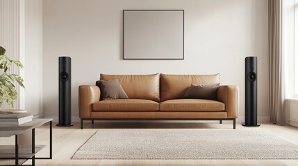 Fototapeta premium Elegant Minimalist Living Room with Caramel Leather Sofa, Light Hardwood Floors, Neutral Decor, and Compact Tabletop Speakers - A Perfect Blend of Style and Simplicity