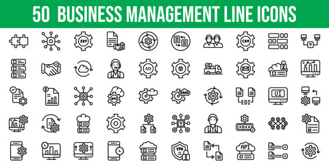 Set of 50 Outline Icons Related to Business Management. Line Icon Collection. Editable stroke. Vector illustration