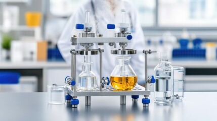 Fototapeta premium Laboratory Equipment with Glassware and Liquid Solutions for Chemical Analysis and Research in a Modern Lab