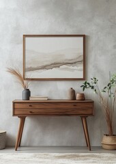 Modern Blank Frame Mock-Up with Mid-Century Console, Potted Plants, and Warm Natural Light for Sophisticated Interior Design Photography