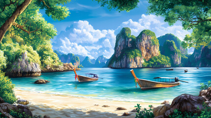 Obraz premium The picturesque shores of phuket, with its pristine beaches, azure waters, and breathtaking mountain backdrops, offer a dreamlike escape for adventurers. Sapphire Shores. Illustration
