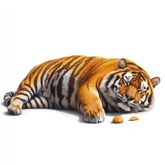 Obraz premium Relaxed Tiger Laying on White Background with Snacks Nearby, Peaceful and Calm Expression, Wildlife Portrait