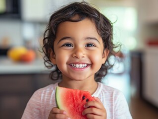 Happy boy girl child eating watermelon in a bright kitchen during summer. Healthy fruit as a snack.