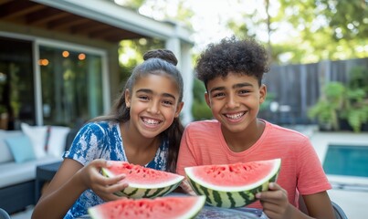 Happy siblings teens tweens eat watermelon slices during a sunny gathering near a pool in a vibrant backyard