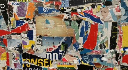 Colorful torn paper collage with textures and vintage elements