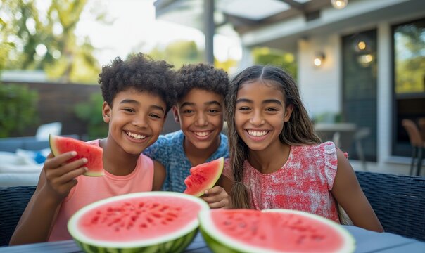Happy siblings teens tweens eat watermelon slices during a sunny gathering near a pool in a vibrant backyard. Brothers sisters and  cousins together. - Powered by Adobe
