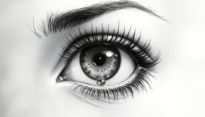 Closeup view of woman eye. Detail shows iris pupil, eyelashes. Emotional expression appears sorrowful. Fine art pencil drawing style captures beauty, sorrow. Macro view highlights details of eye.