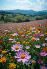 Obraz premium Vibrant field of wildflowers in full bloom, with colorful flowers stretching across the scene, rolling hills, and a clear blue sky, creating a soft, ethereal glow. Generative AI