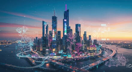 Naklejka premium Futuristic cityscape with digital overlay illustrating innovative technology and urban growth