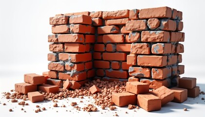 Broken brick wall with scattered bricks. Construction demolition in progress. Debris and broken brickwork. Architectural destruction. Chaos and confusion. Building under renovation.