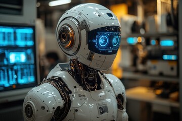 Advanced humanoid robot with glowing features in a high-tech laboratory setting in the evening