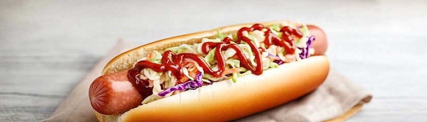 Giant foot-long hot dog sausage topped with coleslaw and tangy barbecue sauce
