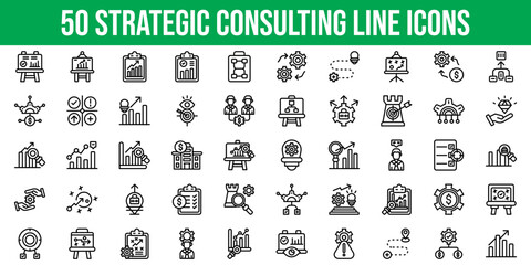 Set of 50 Outline Icons Related to Strategic Consulting. Line Icon Collection. Editable stroke. Vector illustration