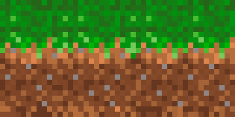 Grass texture with soil in pixel style. 8-bit pixel art playground. Game ground pixelated background. Vector illustration.