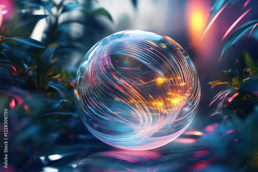 Aufkleber glowing globe spins amidst vibrant foliage reflecting a blend of colors in a tranquil setting. gener