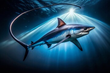 Fototapeta premium Pelagic Thresher Shark Hunting at Night: Powerful Tail Whip Action