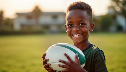Young South African boy holding rugby ball. Playful smile on face. Outdoors in park. Active lifestyle. Joyful expression. Summer day. Childrens sport. Healthy activity. Holding sports equipment.