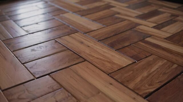 A stunning 4K cinematic animation featuring a smooth, low-angle camera movement gliding effortlessly along a beautifully laminated parquet floor with a rich brown wooden texture.
