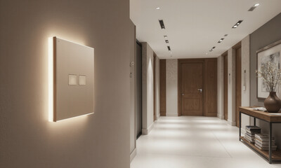 A luxury wall-mounted smart light switch with a mocha mousse frame and a glossy glass-like finish, featuring a soft LED (3)
