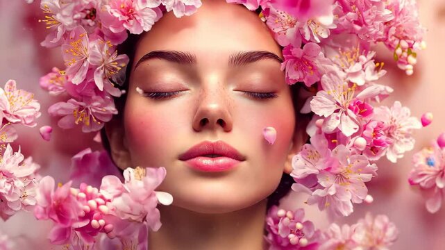 Ethereal woman among blossoms, radiating grace and creativity in a soft, dreamy light, perfect for artistic portraits.
