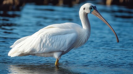Obraz premium Majestic White Spoonbill Wading in Tranquil Blue Waters with Long Beak and Feathers - A Serene Scene of Nature and Wildlife Habitat in Calm Natural Setting