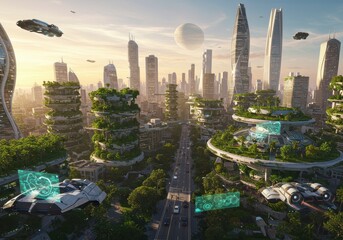 Obraz premium Futuristic eco-city with green skyscrapers and flying vehicles at sunrise