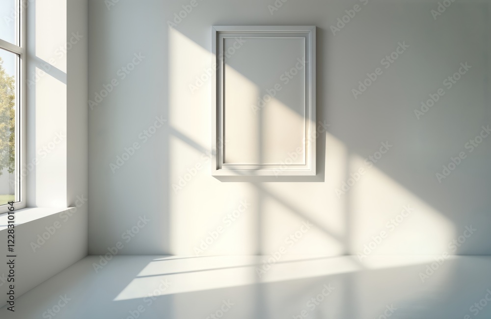Poster Empty white room with large window. Sunlight streams in creating shadows on white walls. Single white picture frame. Minimalist interior design. Bright and airy space. Modern and clean style.