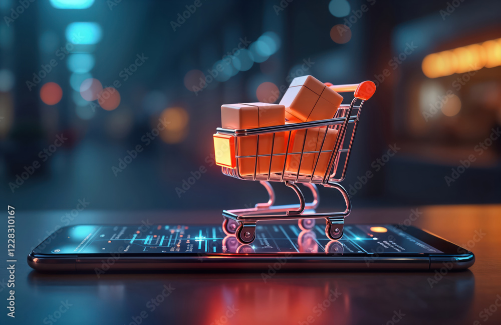 Poster futuristic mobile online shopping. small shopping cart with packages on smartphone screen. digital p