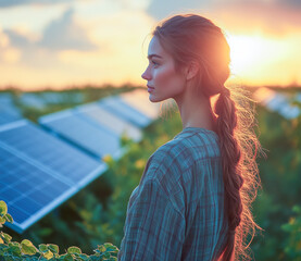 Woman standing beside solar panels during sunset in a green vineyard, reflecting on sustainable energy