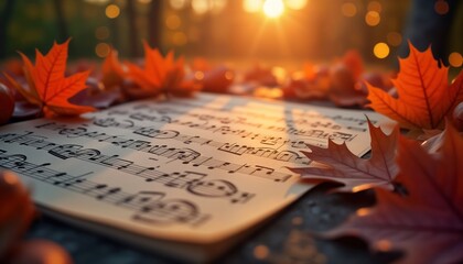 Autumnal music sheet surrounded by vibrant fall leaves under soft glowing light. Gentle ambiance suggests tranquil scene perfect for cozy atmosphere. Artistic arrangement of paper music, natural
