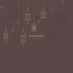 Ramadan Kareem Background with Hanging Lanterns, Crescent Moon, Stars, and Islamic Decorative Elements on Dark Elegant Theme
