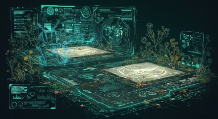 Futuristic holographic interface with digital plants and data visualization elements
