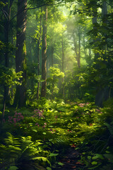 Tranquil Green Forest with Sunlight Filtering Through the Trees and Wildflowers Amidst the Ferns