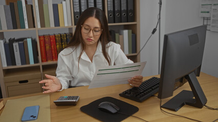 Young woman working in an office, analyzing financial documents at her desk surrounded by shelves...