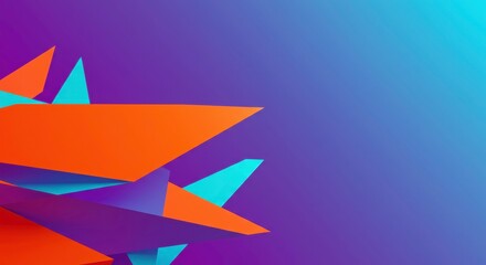 Abstract Geometric Composition: An artistic arrangement of sharp, dynamic geometric shapes in vibrant orange and teal against a gradient purple to teal backdrop, with a sense of depth and modernity.