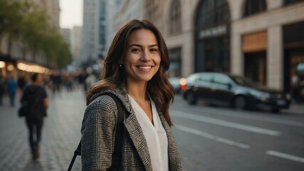 female urban planner on busy urban street background
