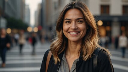 female urban planner on busy urban street background